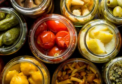 Draufsucht auf mehrere Gläser mit verschiedenem eingelegten Gemüse, wie Zucchini, Tomate, Oliven und Gewürzgurken