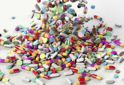 Tabletten in unterschiedlichen Farben, Größe und Formen vor einem weißen Hintergrund